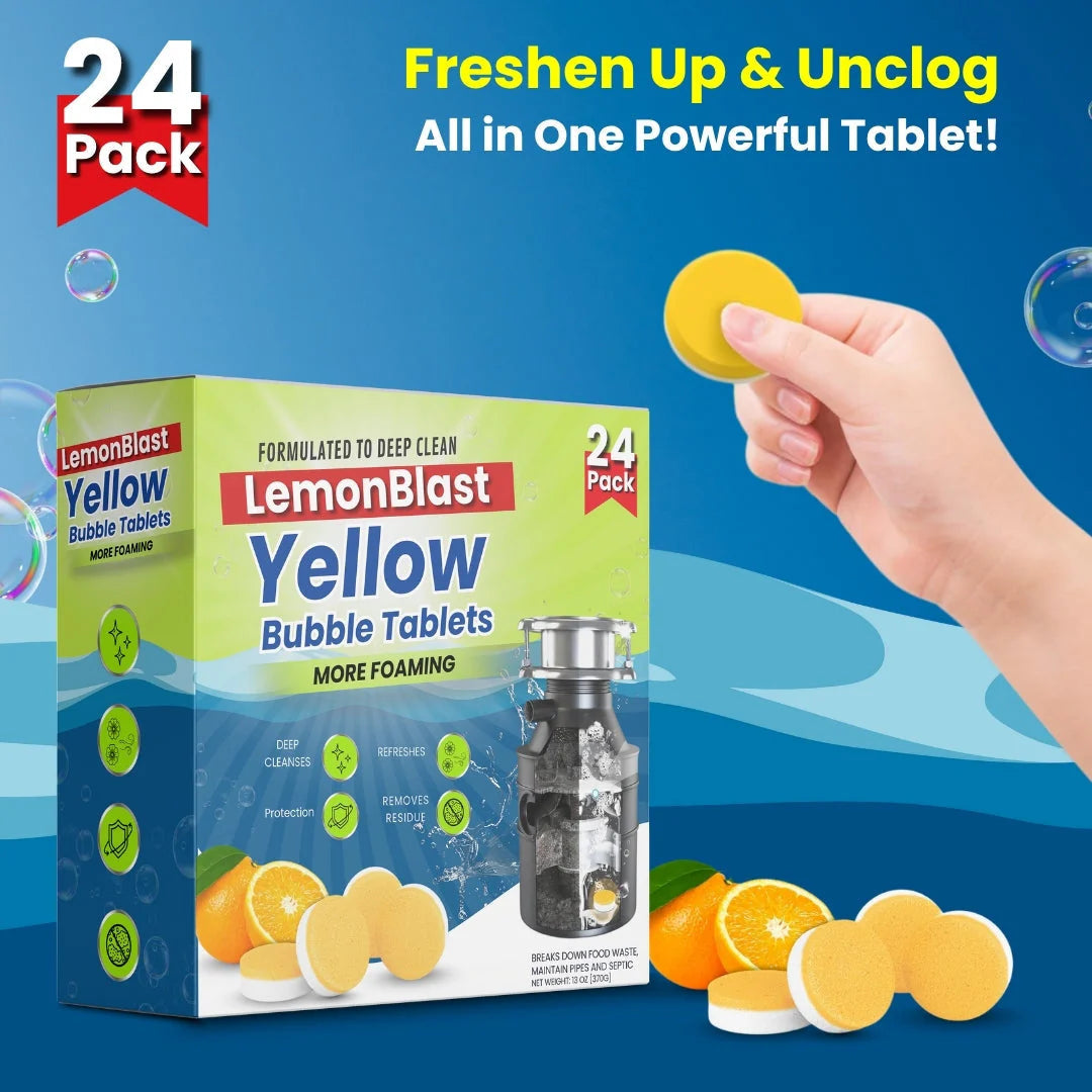 LEMONBLAST YELLOW BUBBLE TABLETS – ODOR ELIMINATOR + BLOCKAGE REMOVER (PACK OF 24)